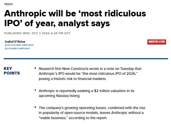 Markets: Anthropic's IPO poses a historic risk to financial markets, and should only be valued at $150 Billion, warns Research firm New Constructs 🚨 🚨 https://t.co/hfwvqRdU3w