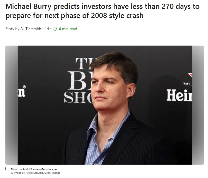 Markets: WARNING 🚨: Investors have just 270 days to prepare for the next stage of a Dot Com or Global Financial style crash, warns Michael Burry 👀 https://t.co/kd0JgeWnBr